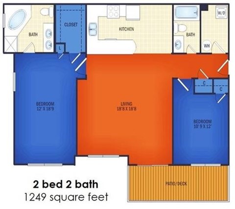 Floor plan for 2 beds, 2 baths, 1249 sqft